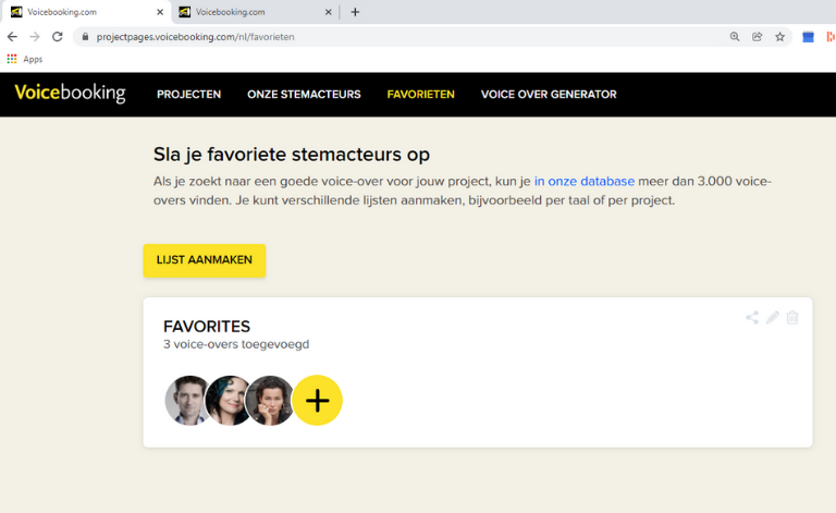 favorieten lijst met stemacteurs op website voicebooking zoeken naar de juiste voice over